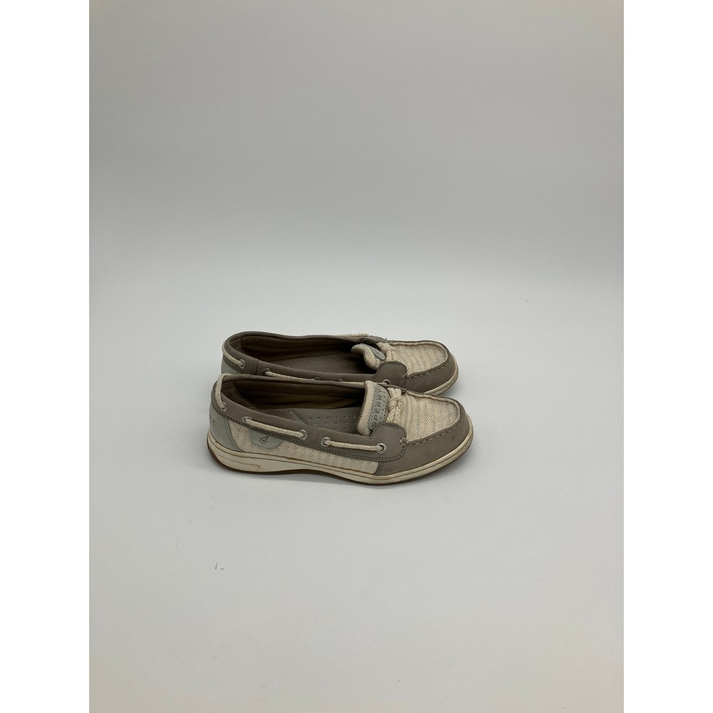 Sperry Top Sider Grey Leather White Canvas Boat Shoes Womens Slip On Size 8M